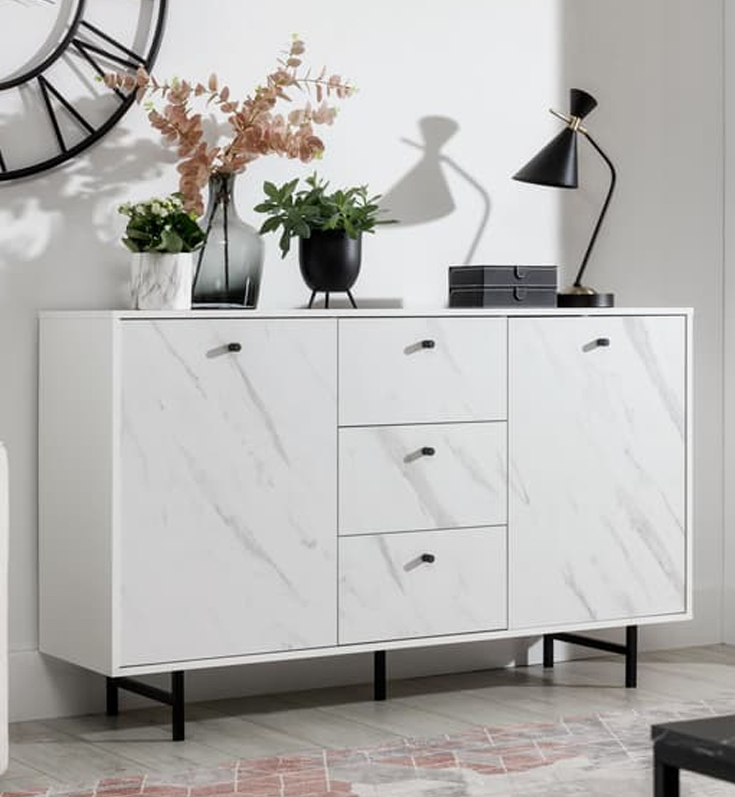 Venice Wooden Sideboard 2 Door 3 Drawer In White Marble Effect