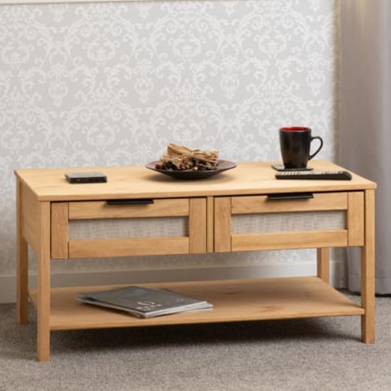 Central Wooden Coffee Table With 2 Drawers In Waxed Pine