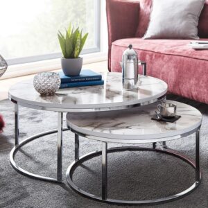 Mystique Wooden Nesting Coffee Tables In White Marble Effect