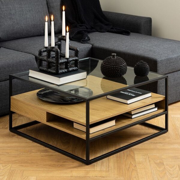 Regina Glass Top Coffee Table With Oak Shelves And Metal Frame