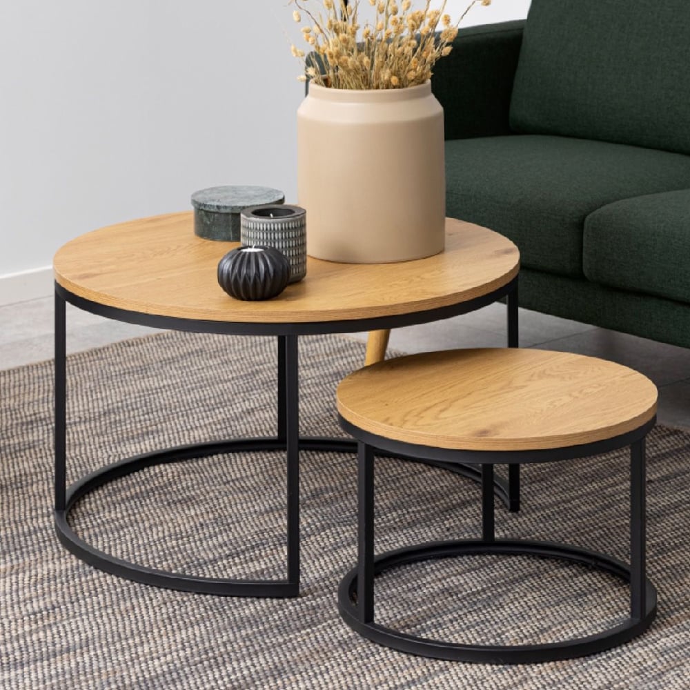 Salem Wooden Nesting Coffee Tables With Black Metal Frame In Oak ...