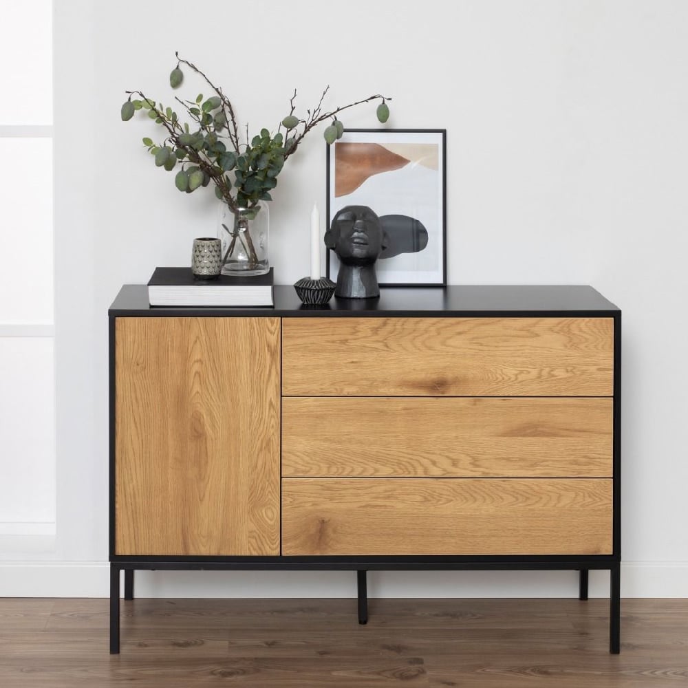 Sparks Wooden Sideboard With 1 Door 3 Drawers In Black And Oak