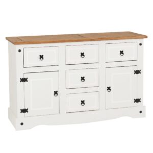 Central Wooden Sideboard With 2 Doors 5 Drawers In White And Oak