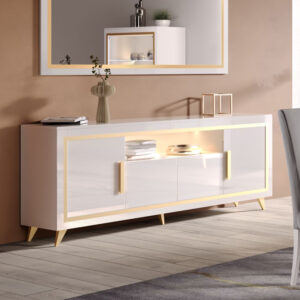 Geneva High Gloss Sideboard 4 Doors In White And Gold With LED