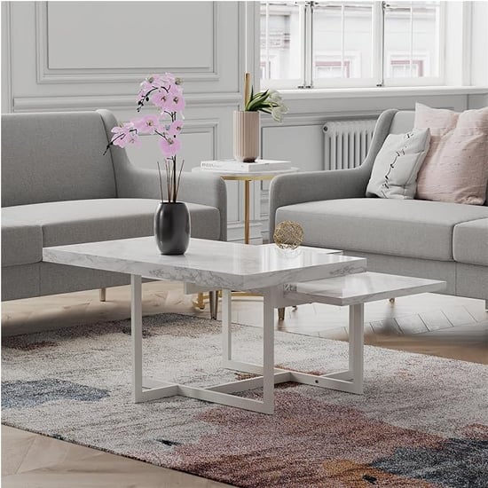 Benton Wooden Coffee Table In White Faux Marble Effect