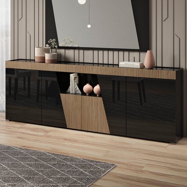 Enna High Gloss Sideboard In Black With 4 Doors And LED