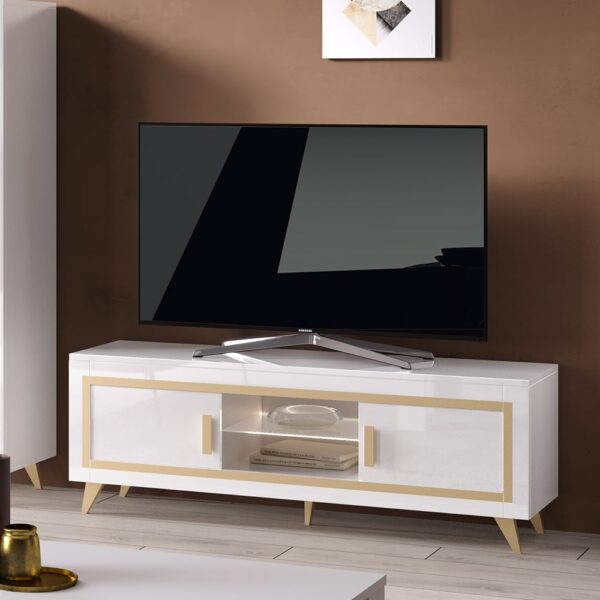 Geneva High Gloss TV Stand 2 Doors In White And Gold With LED