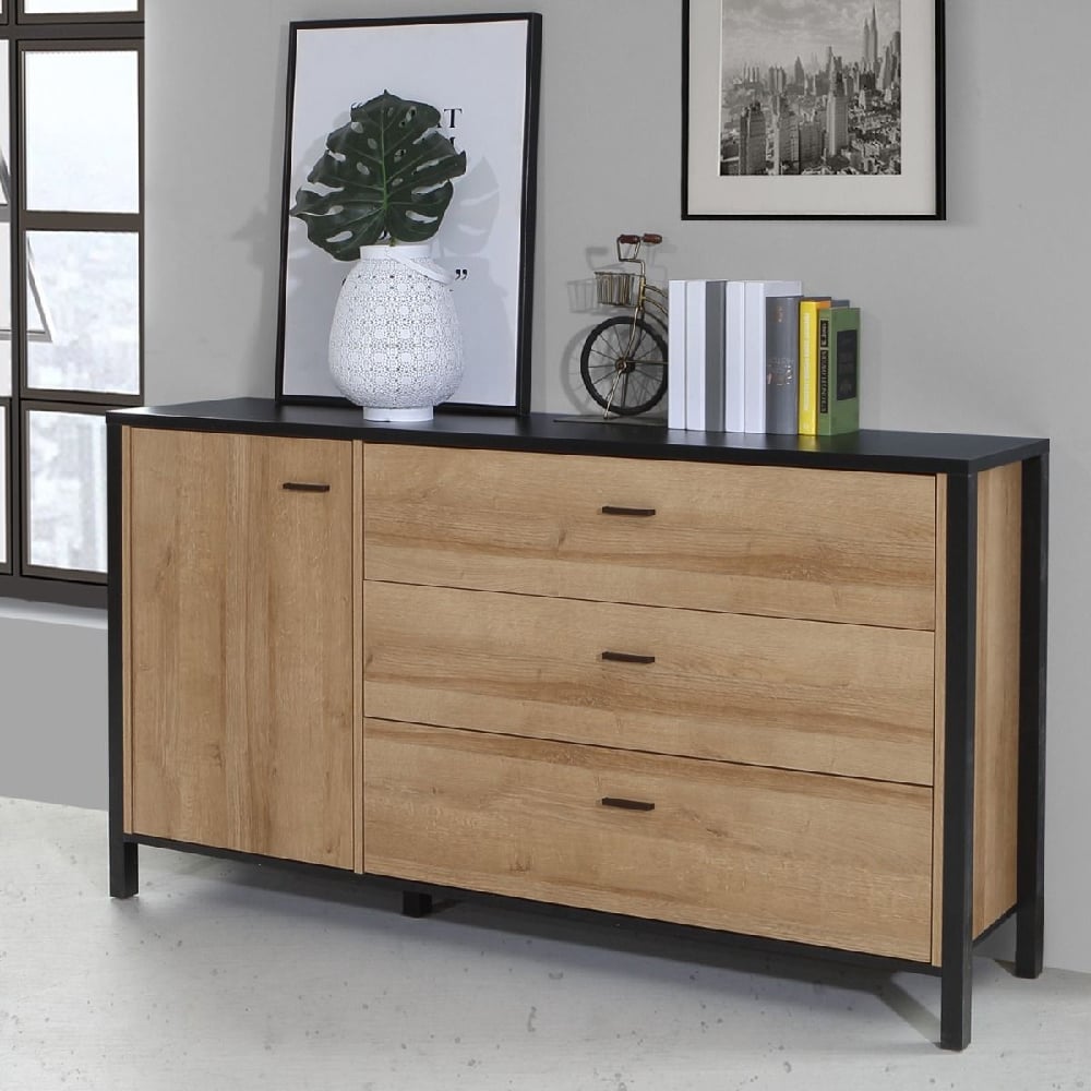 Harbor Wooden Sideboard With 1 Door 3 Drawers In Matt Black Oak