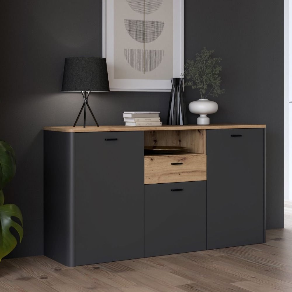 Kanata Wooden Sideboard With 3 Doors 1 Drawer In Grey And Oak