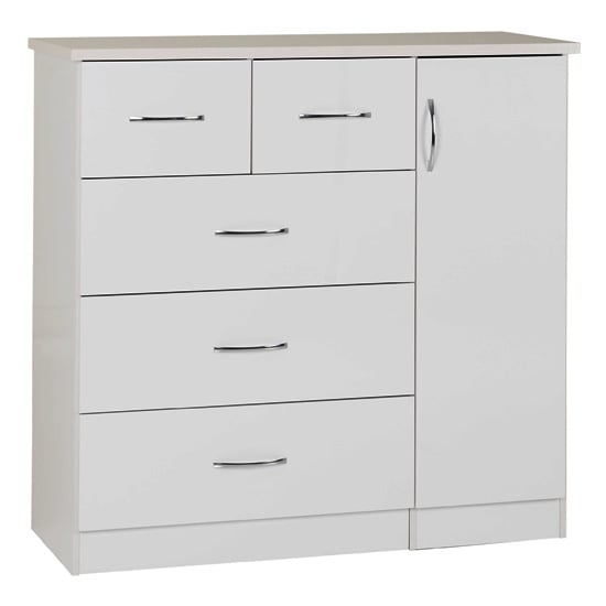 Mark Wooden Sideboard With 5 Drawers White Gloss Front In Oak