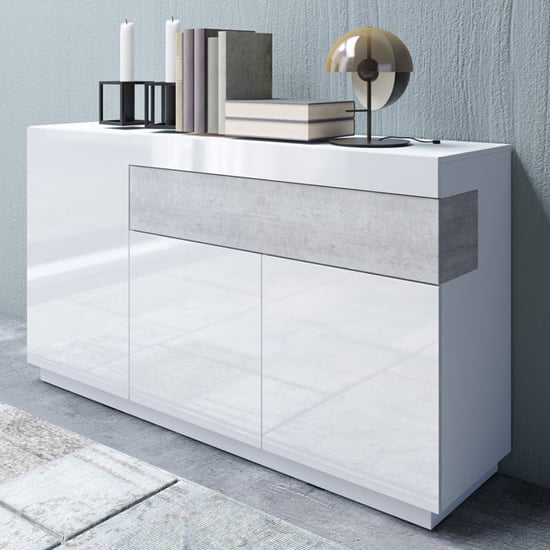 Sioux High Gloss Sideboard 3 Doors 1 Drawer In White Concrete